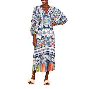 NWOT Farm Rio Blue Palms Balloon-Sleeve Midi Dress